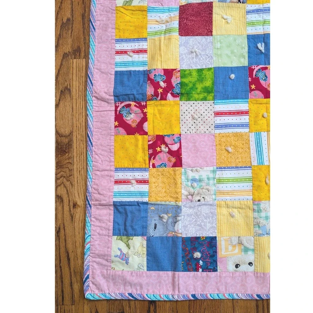 Handmade‎ Patchwork Baby Quilt Multi Color Animal Floral Reversible 34x37